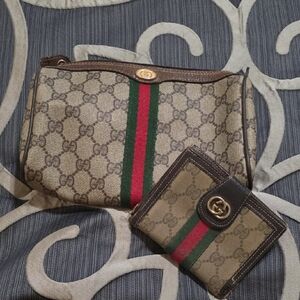 Gucci Beige GG Canvas Clutch and Wallet with Green-Red Web Stripe